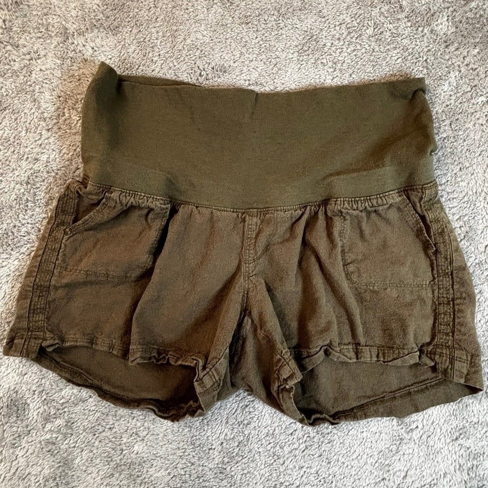Isabel Maternity Olive Green Linen Blend Over Belly Shorts Small